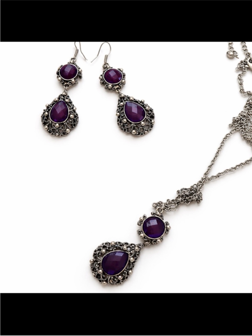 Bohemian Vintage Inspired Purple Teardrop Pendant Necklace and Earrings Set